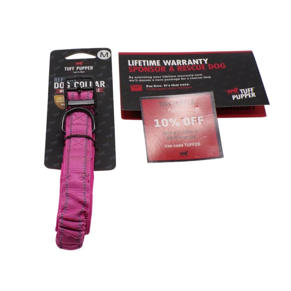 Tuff Pupper Reflective Dog Collar W/Bungee Handle Medium Pink Adjustable Durable